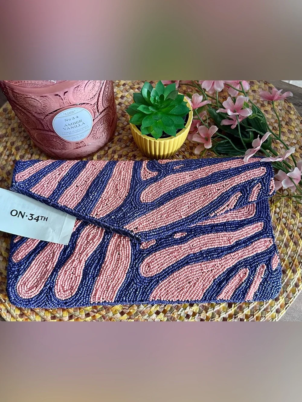 ON-34TH Pink & Navy Beaded Zebra Clutch